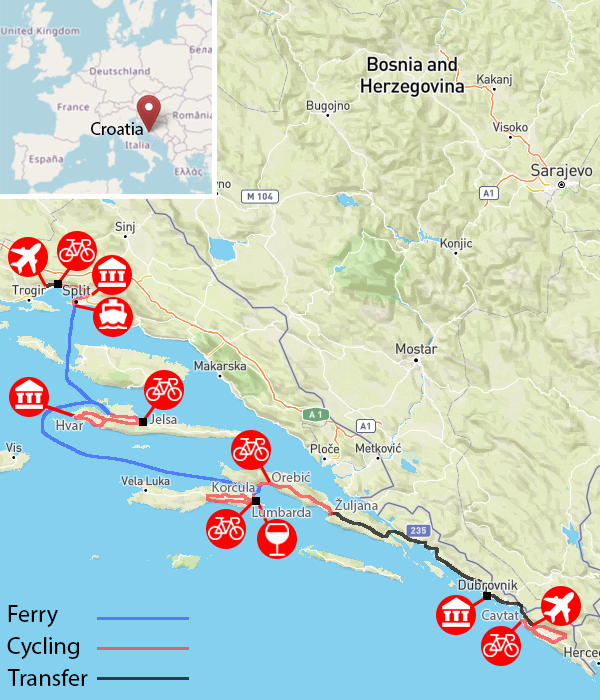 Cycling on the Dalmatian Coast guided holiday itinerary map