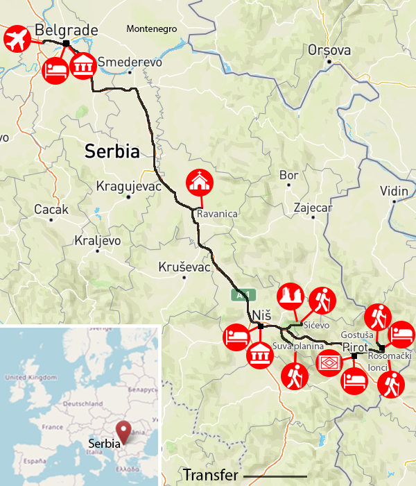 Walking Serbia guided holiday itinerary map
